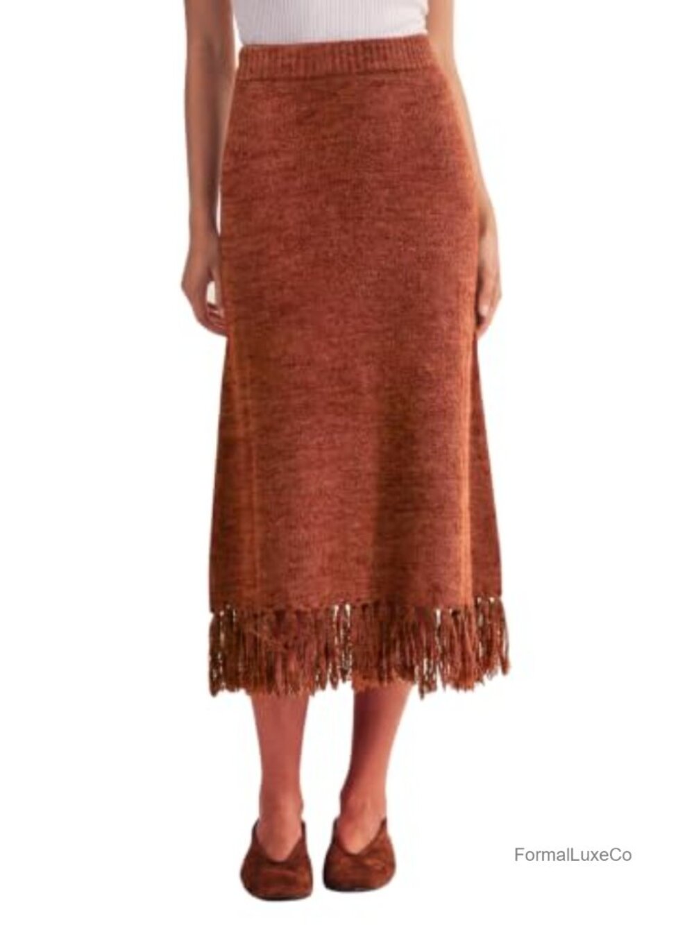High Waisted Fringe Hem Knit Midi A-Line Skirt Casual Vintage